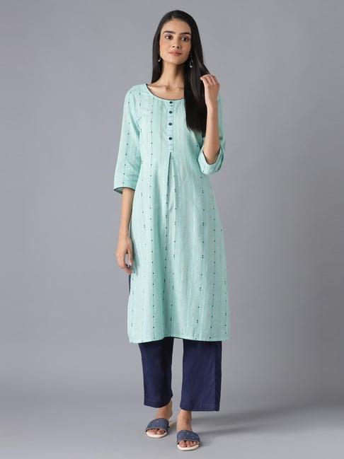 aurelia sea green & navy cotton printed kurta palazzo set