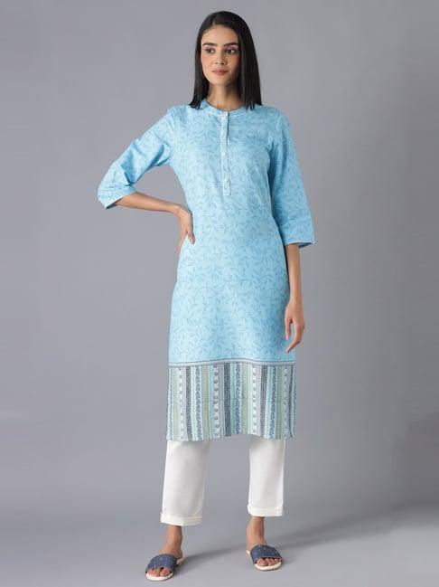 aurelia sky blue & white printed kurta pant set