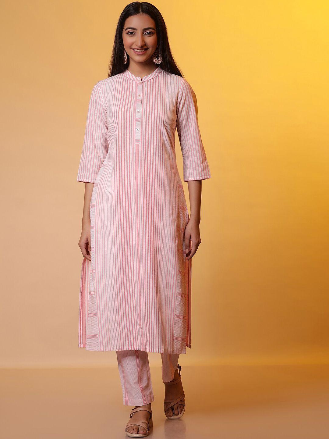 aurelia striped band collar regular pure cotton straight kurta with trousers