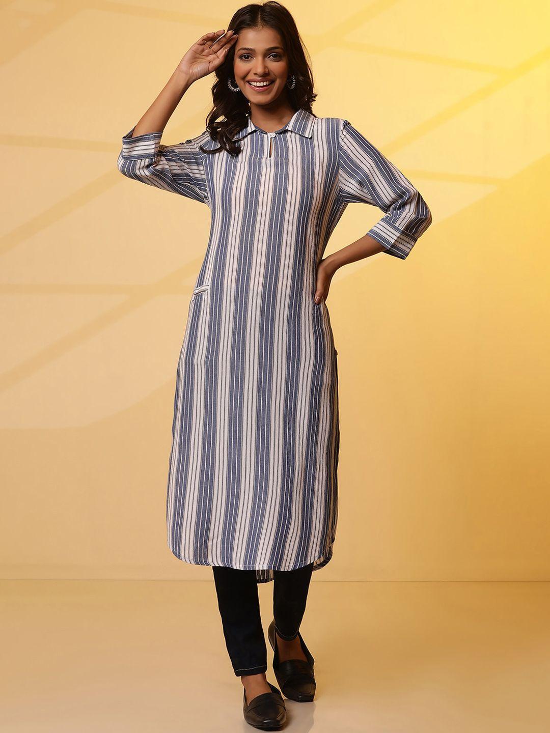 aurelia striped keyhole neck three-quarter sleeves straight kurta