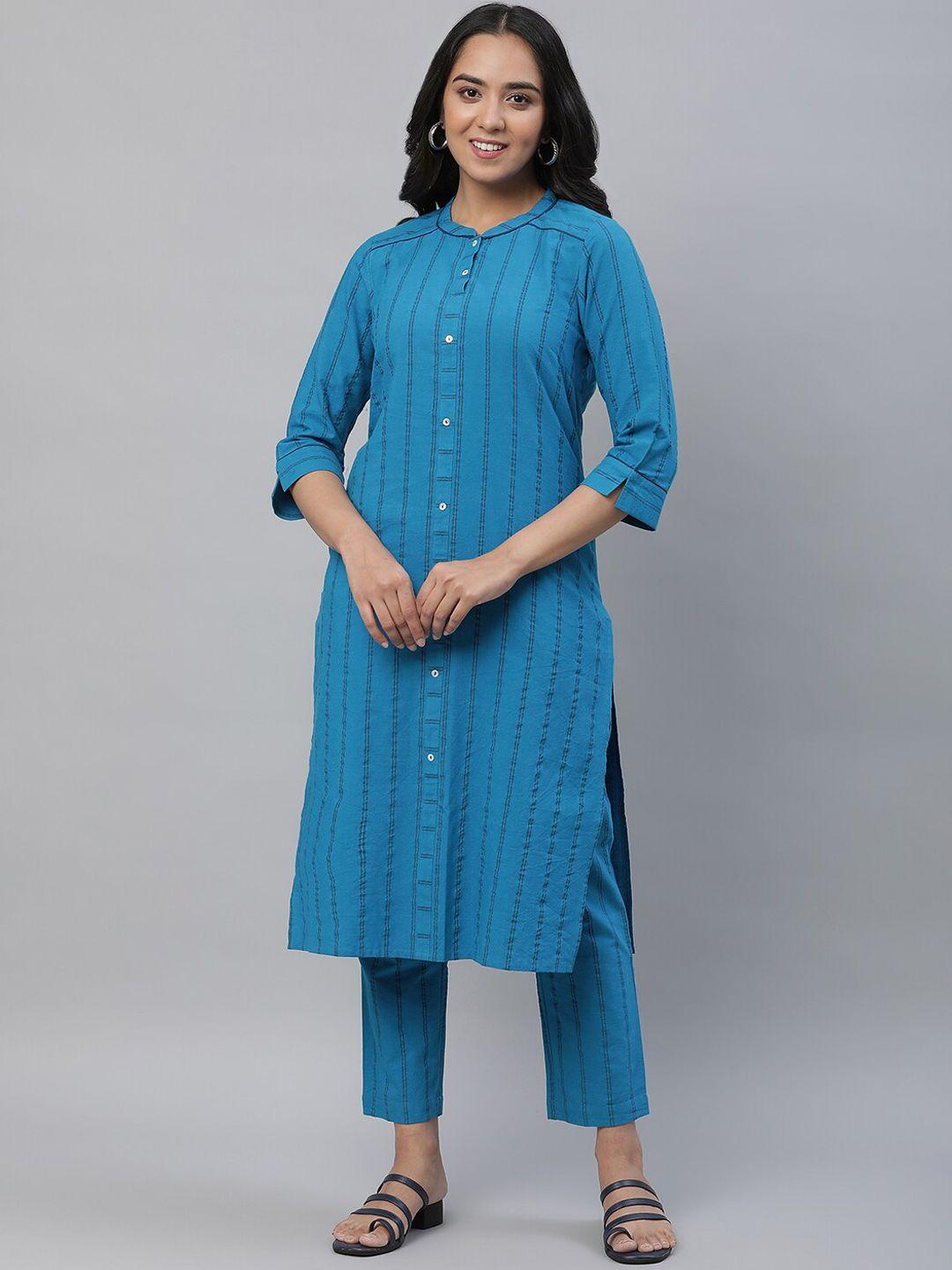 aurelia striped printed mandarin collar straight kurta with trousers