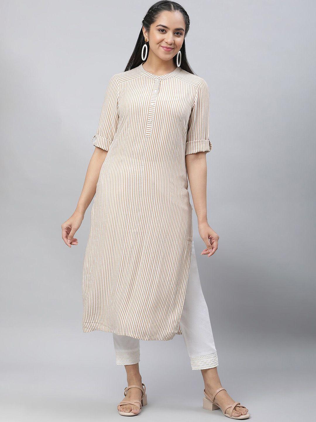 aurelia striped round neck roll-up sleeve straight kurta