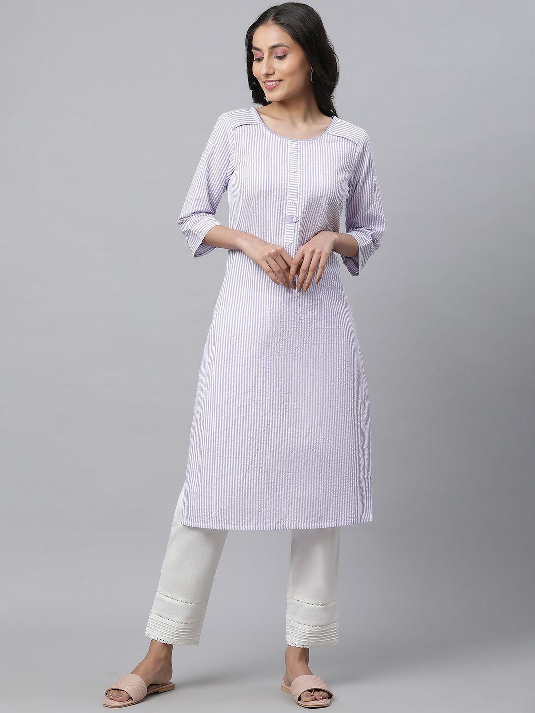 aurelia striped round neck seer sucker a-line pure cotton kurta