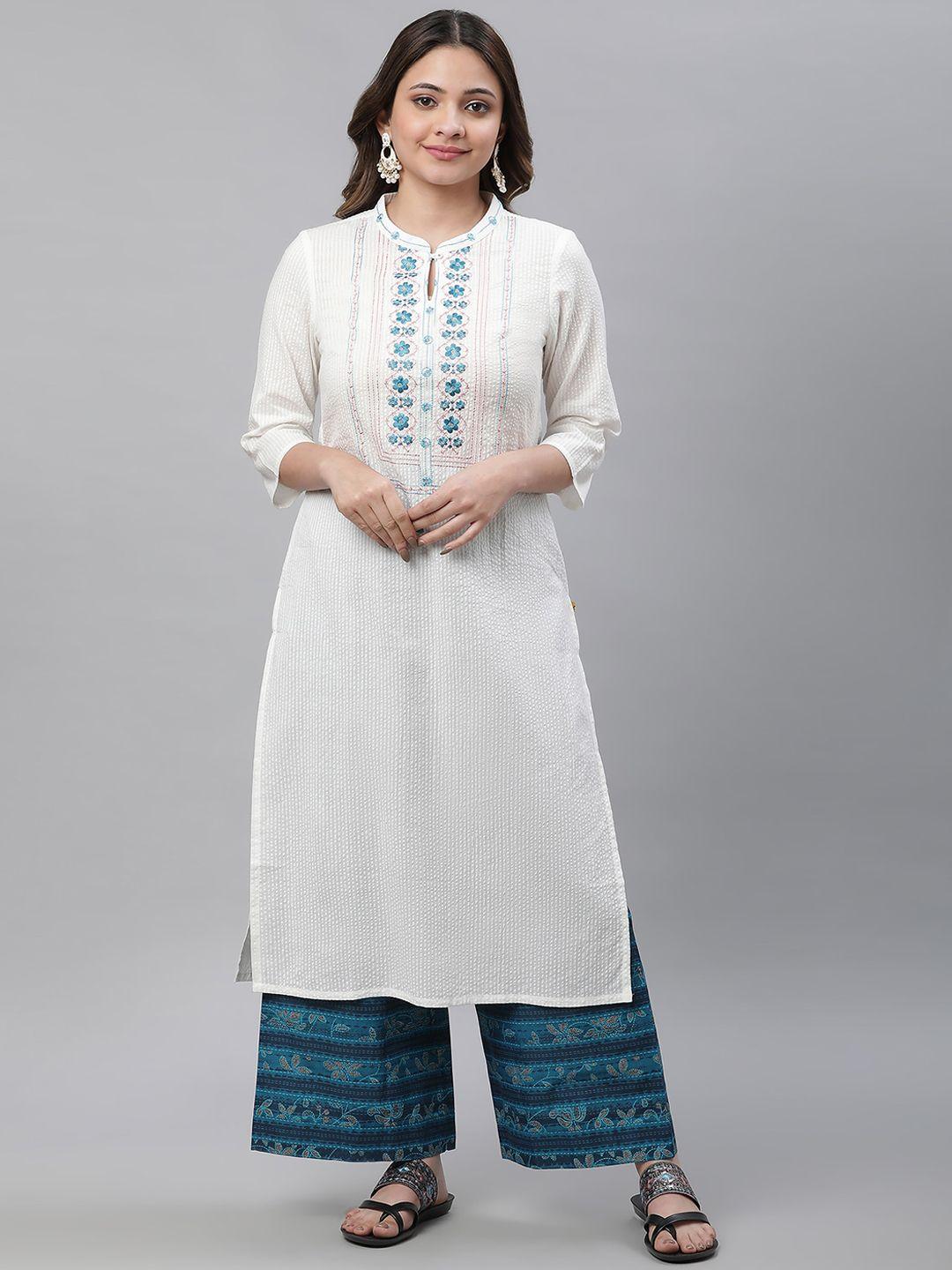 aurelia striped woven design mandarin collar thread work detailed straight kurta