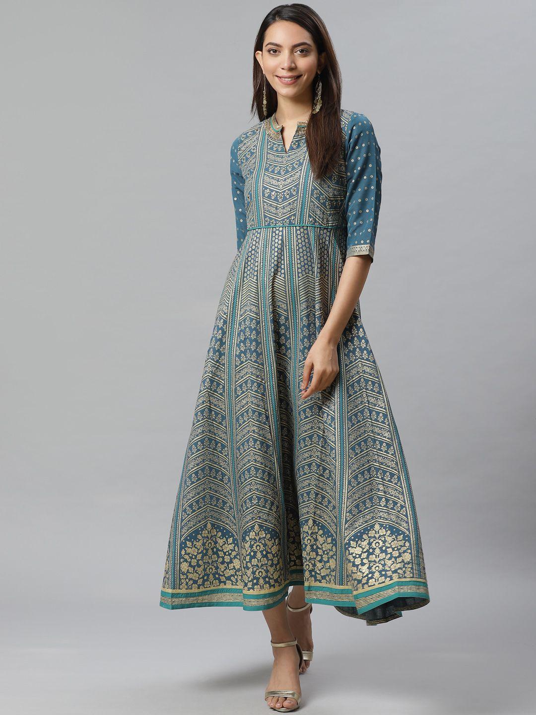 aurelia teal blue & golden ethnic motifs printed maxi dress