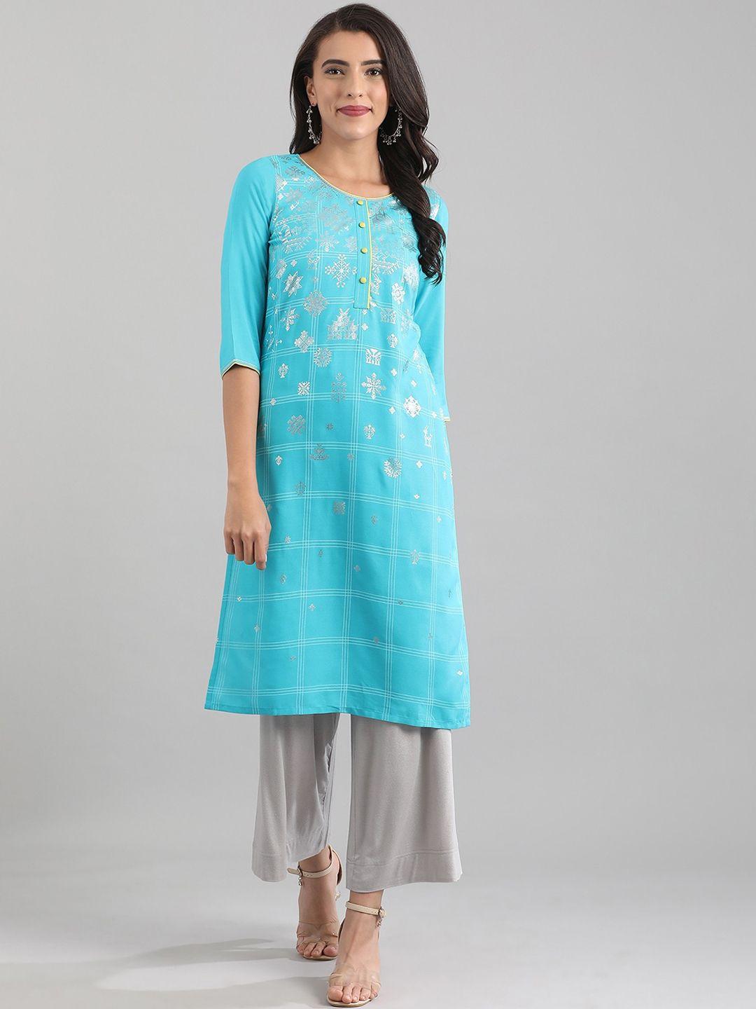 aurelia turquoise blue & silver geometric printed kurta