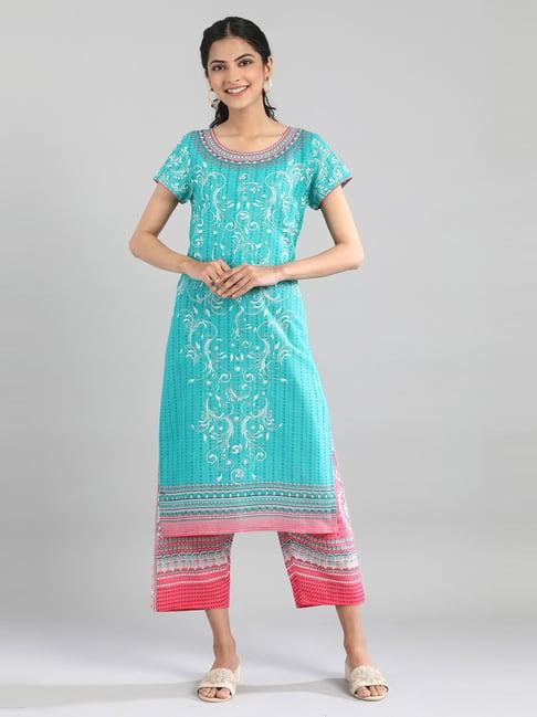 aurelia turquoise cotton printed straight kurta