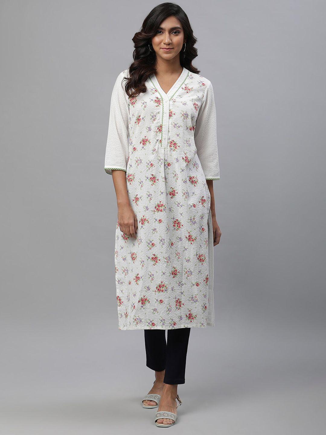 aurelia v neck ethnic motifs printed thread work a-line cotton kurta