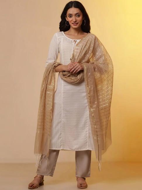 aurelia white & beige cotton woven pattern kurta pant set with dupatta