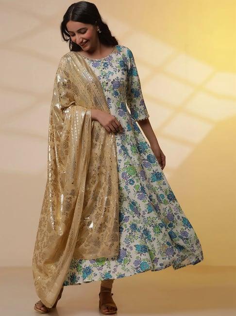 aurelia white & golden printed kurta leggings set with dupatta