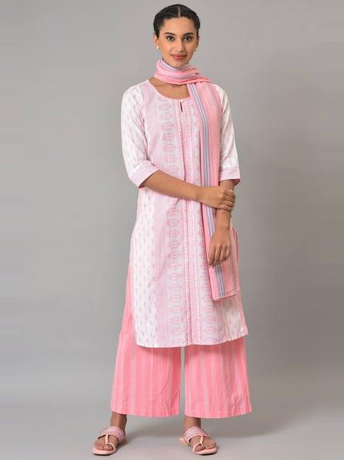 aurelia white & pink cotton embroidered kurta palazzo set with dupatta