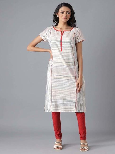 aurelia white & red cotton printed kurta pant set