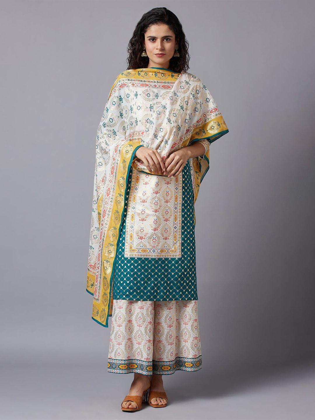 aurelia white & teal ethnic motifs printed dupatta