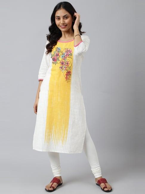 aurelia white & yellow cotton floral print straight kurta