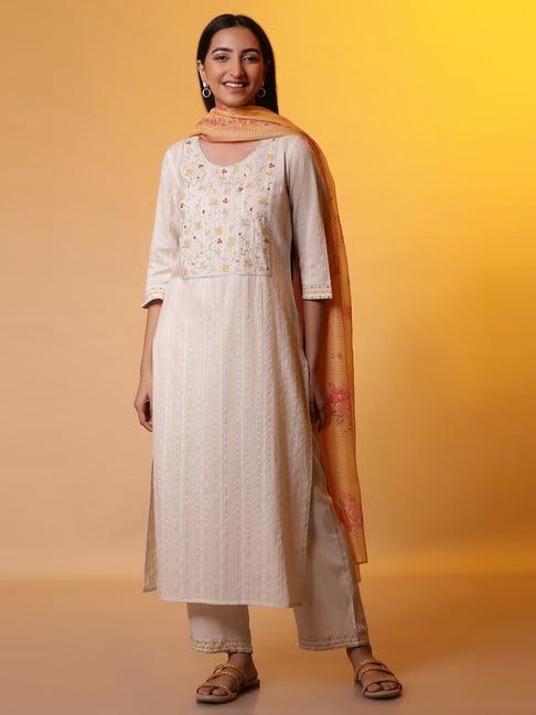 aurelia white cotton embroidered kurta pant set with dupatta