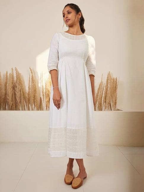 aurelia white cotton self pattern a-line dress