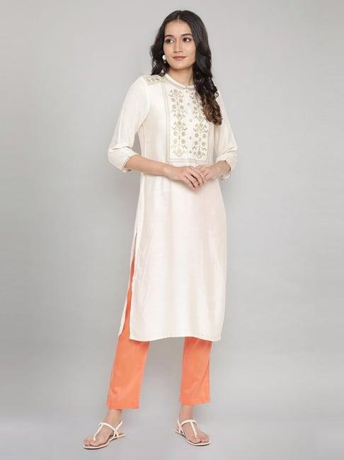 aurelia white embroidered straight kurta