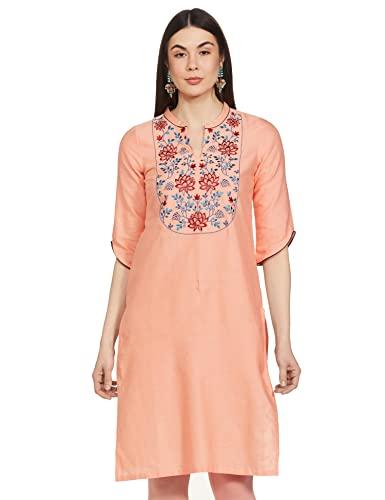 aurelia women's cotton blend floral regular kurta (22fea12937-603689_peach_m)