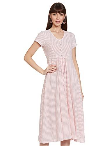 aurelia women's cotton blend peach shirt collar straight kurta knee-length dress (21aua12359-702110 s)