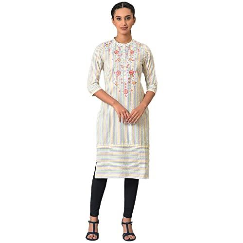 aurelia women's cotton solid regular multi-coloured stripe printed embroidered kurta (23fea13764-703467_multicolor