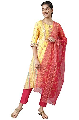 aurelia women's liva yellow asymmetric kurta with pink trouser and dupatta_22aud10476-504001_s