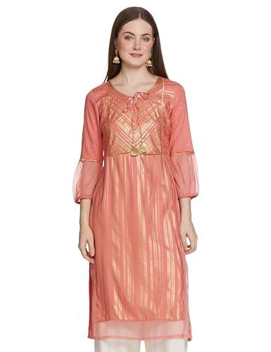 aurelia women's rayon floral regular peach sequined yoke striped kurta (23fea14045-505382_xxl