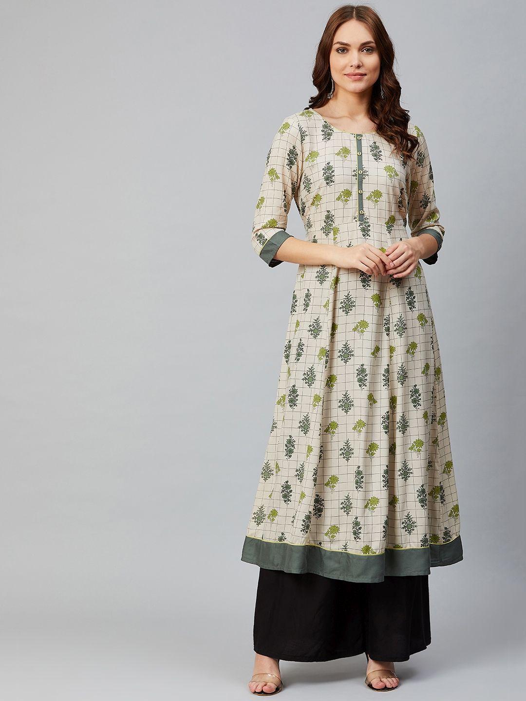 aurelia women beige & green printed a-line kurta