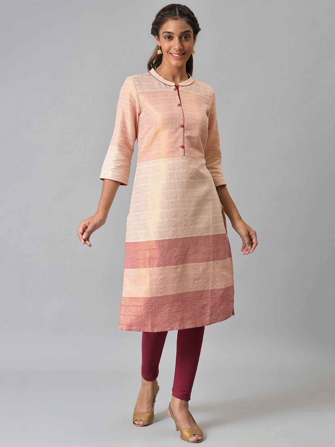 aurelia women beige & pink cotton geometric printed kurta