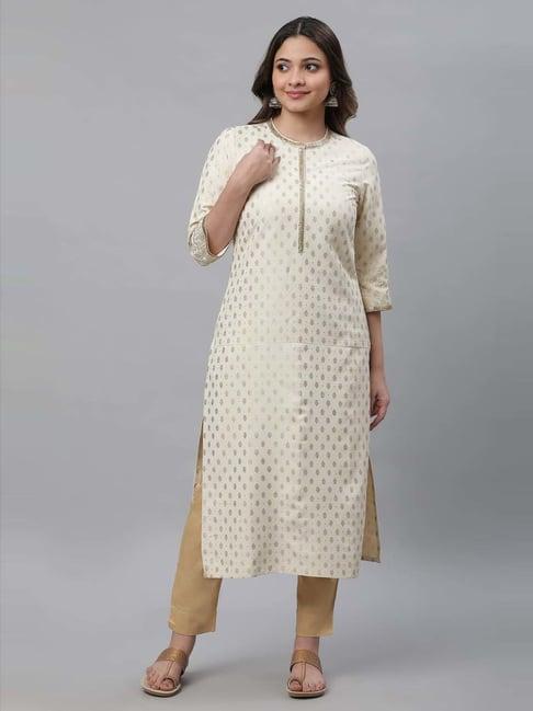 aurelia women beige festive floral print rayon kurta