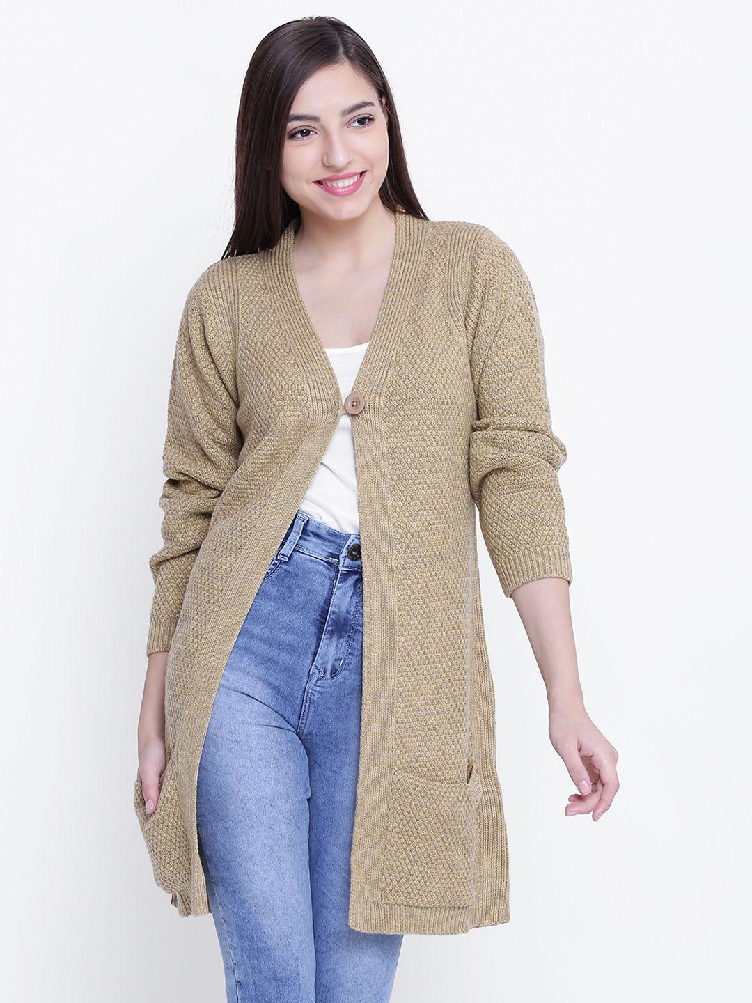 aurelia women beige self-design longline cardigan