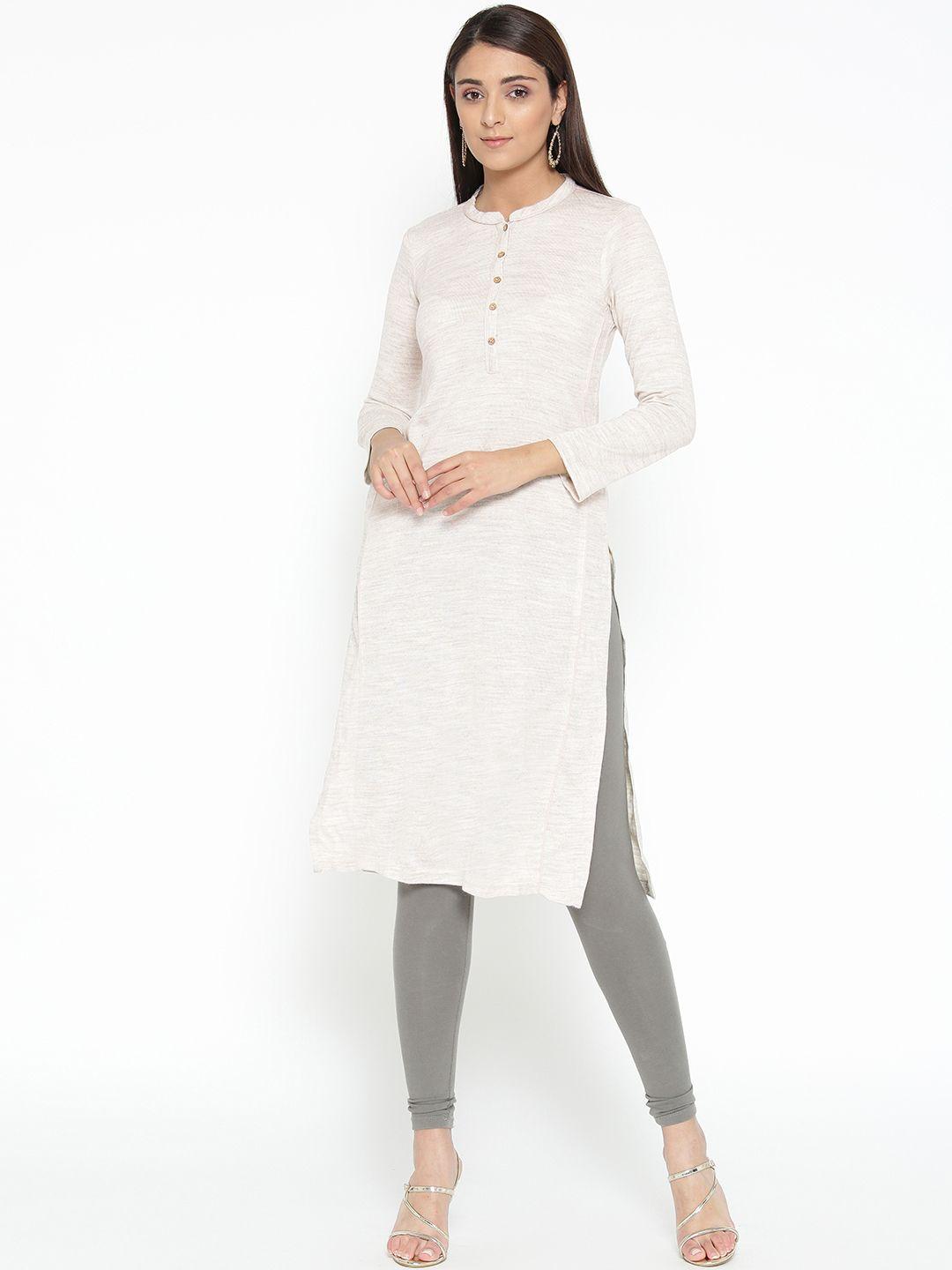 aurelia women beige solid straight winter kurta