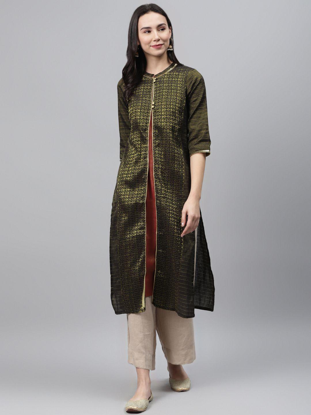 aurelia women black & golden woven design straight kurta