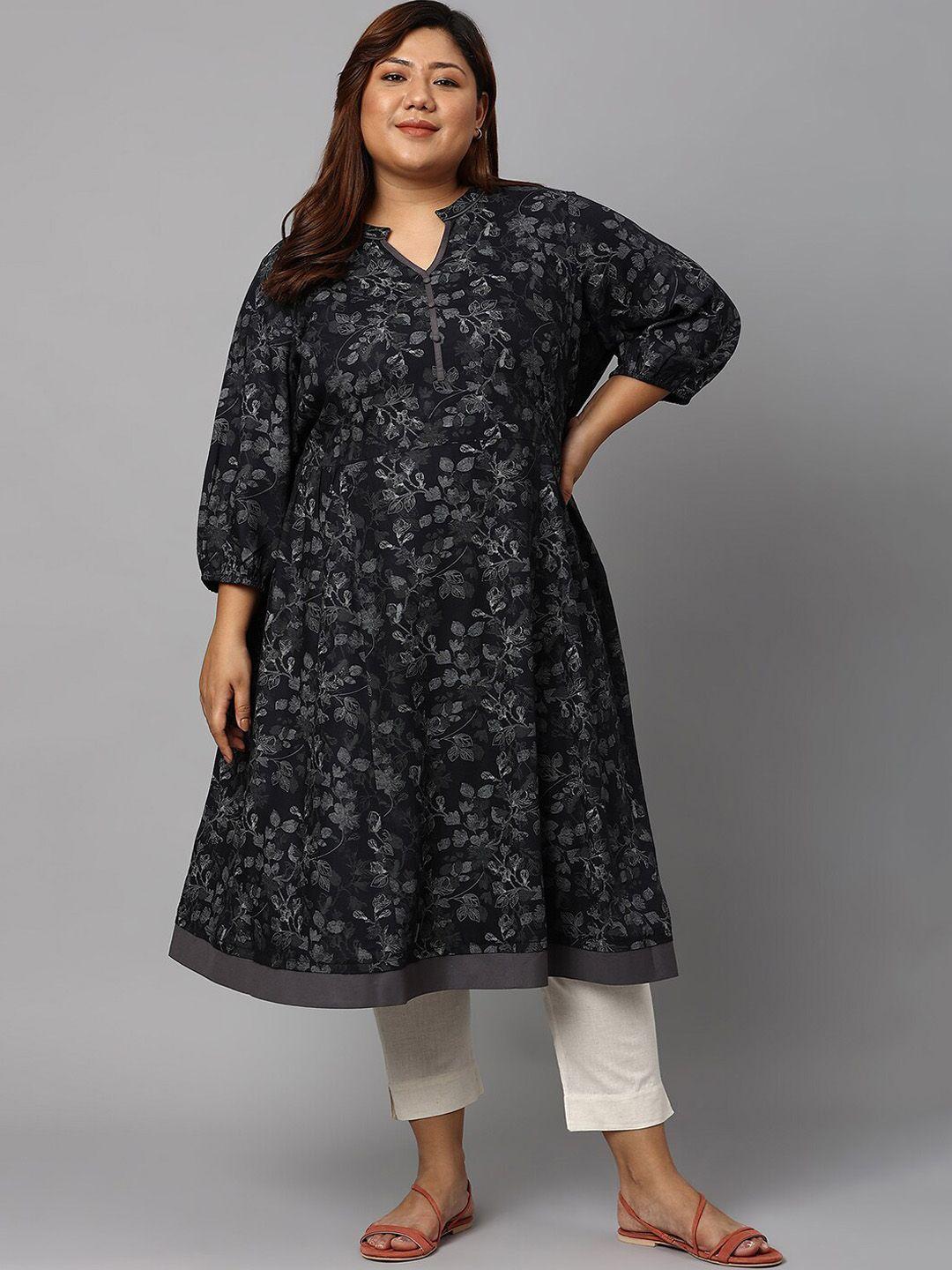 aurelia women black & grey floral printed anarkali viscose rayon kurta