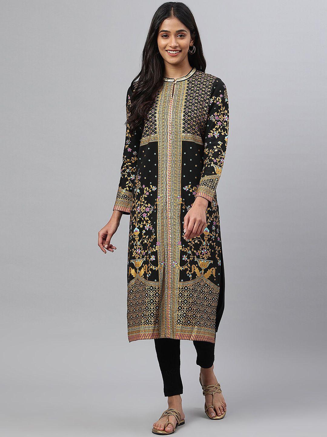 aurelia women black ethnic motifs printed kurta