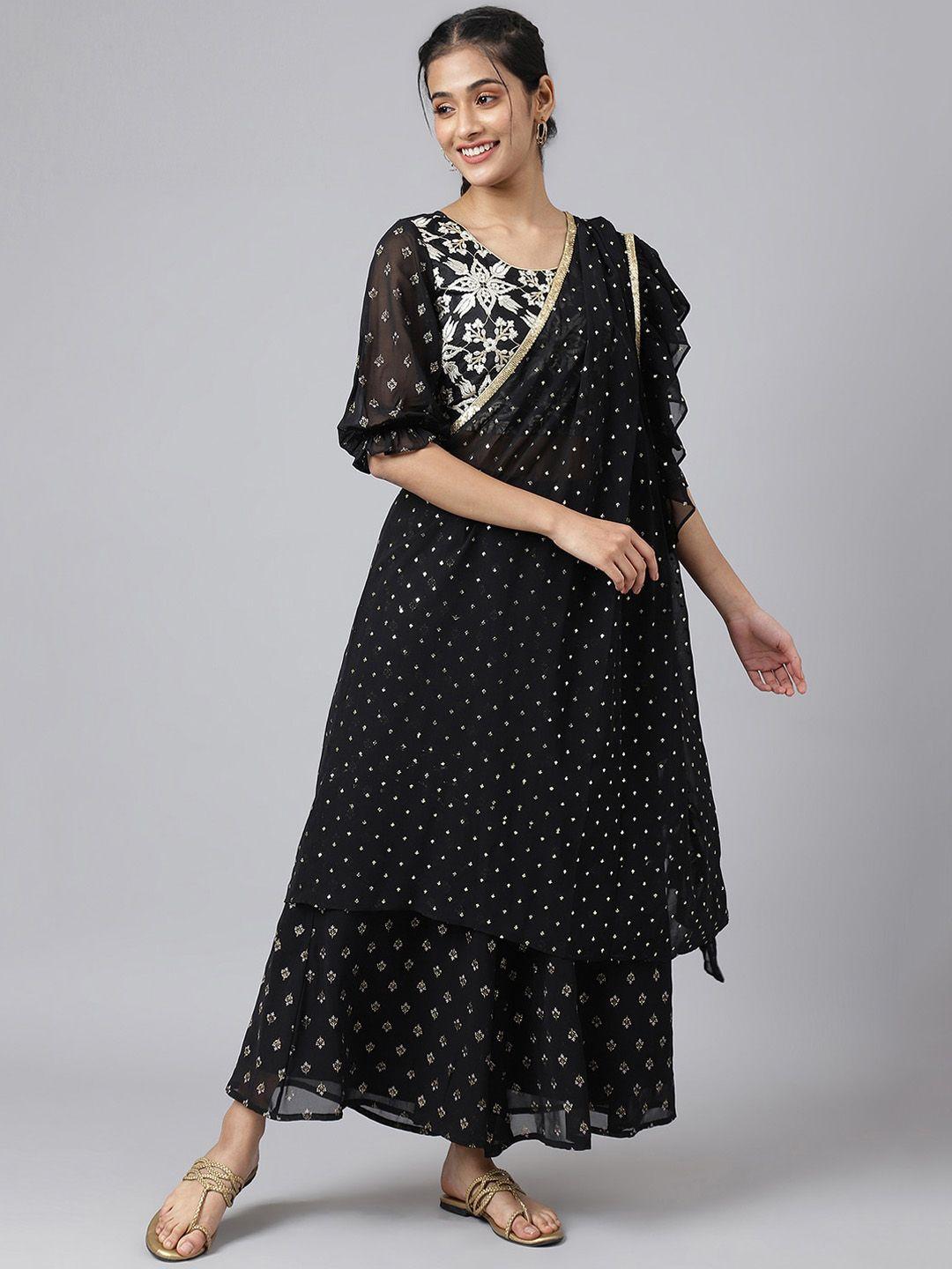 aurelia women black ethnic motifs printed top with palazzos & dupatta