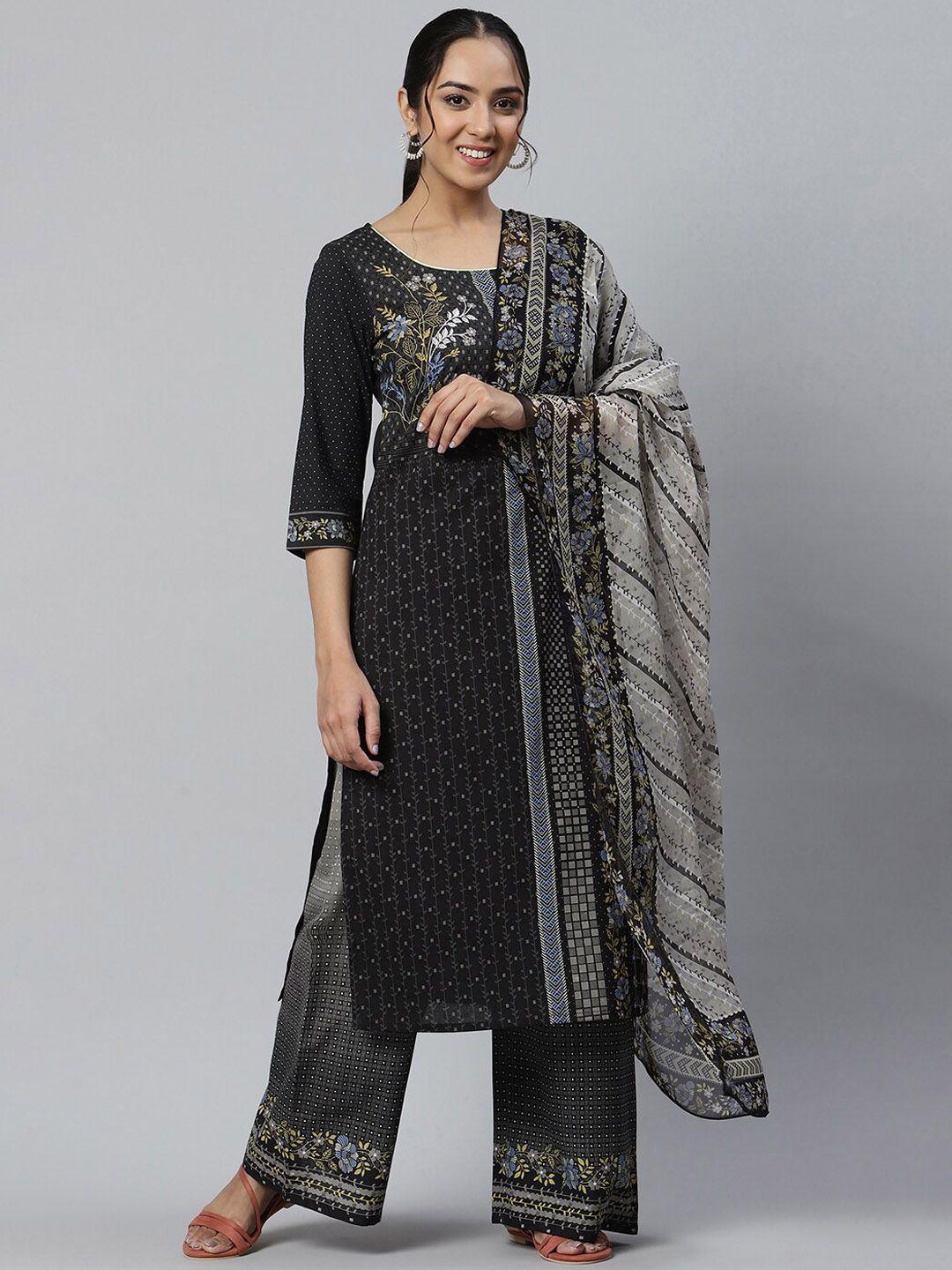 aurelia women black floral printed chanderi cotton kurti with trousers & with dupatta