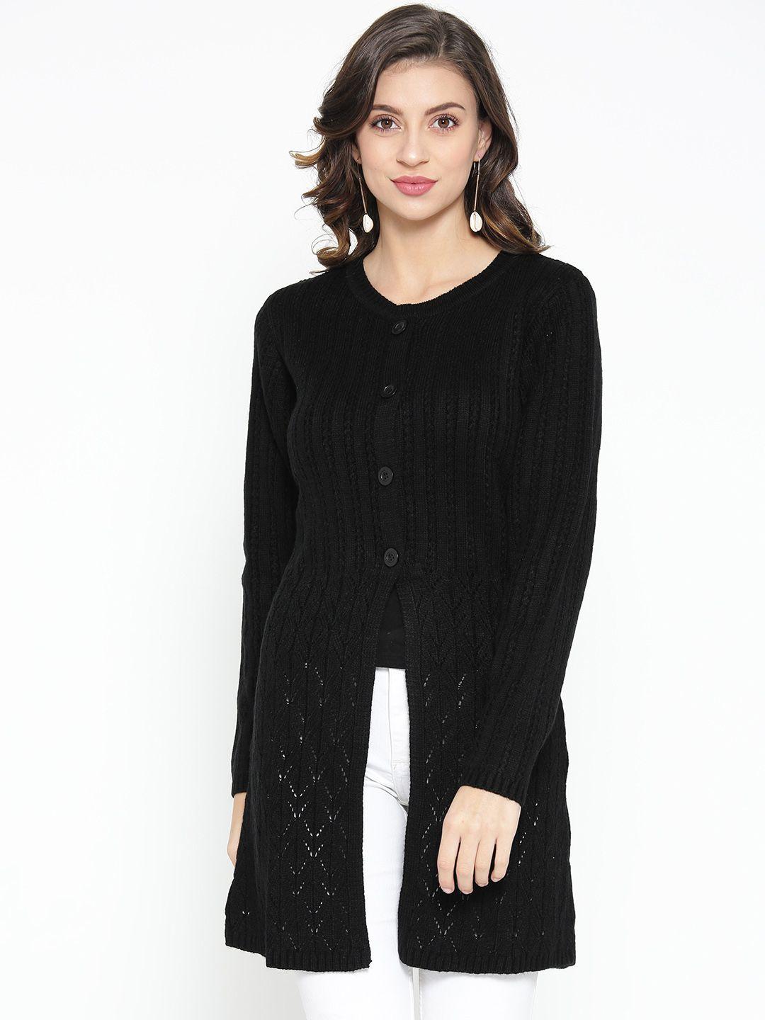 aurelia women black self design longline cardigan