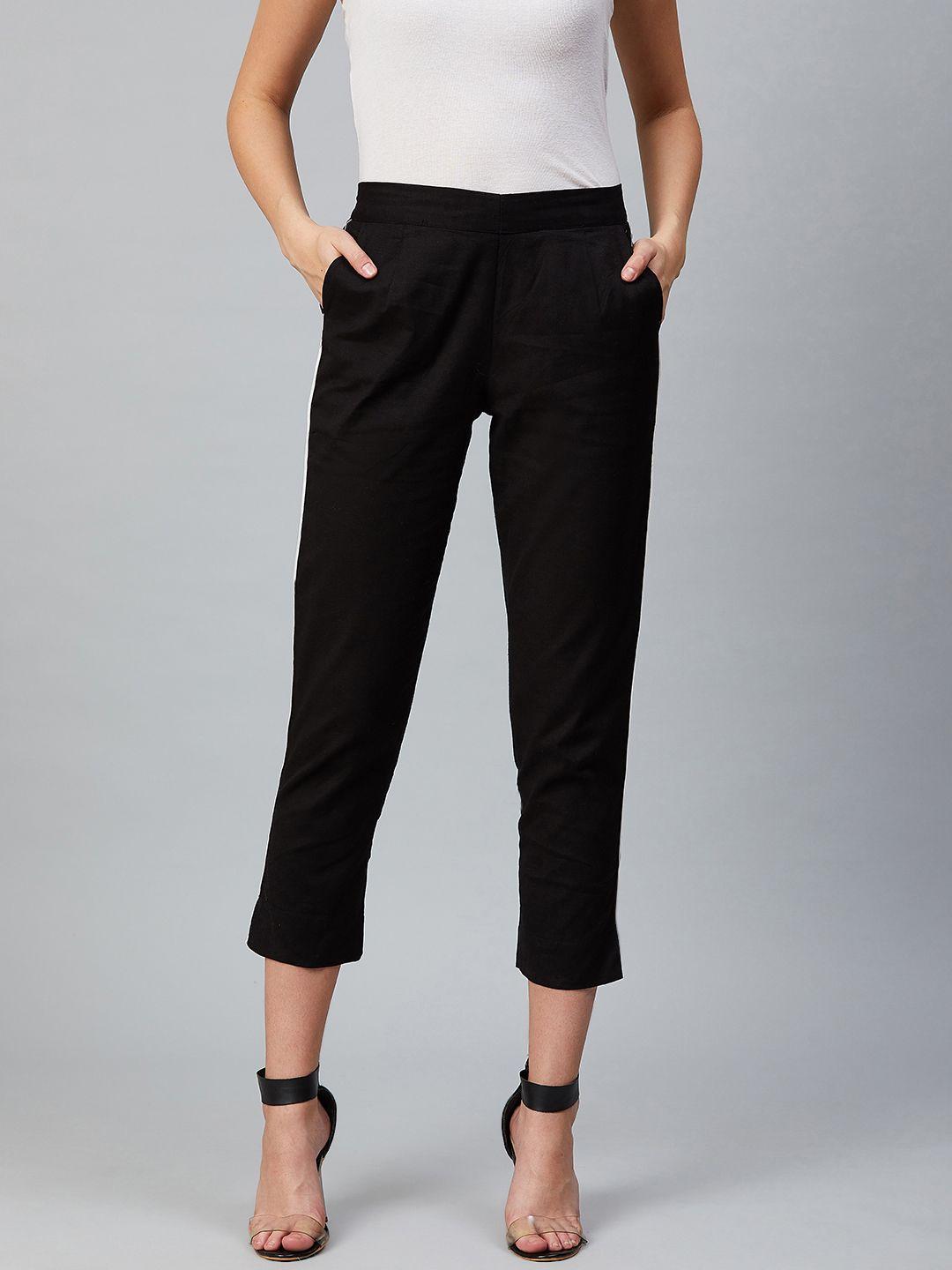 aurelia women black solid cropped regular trousers