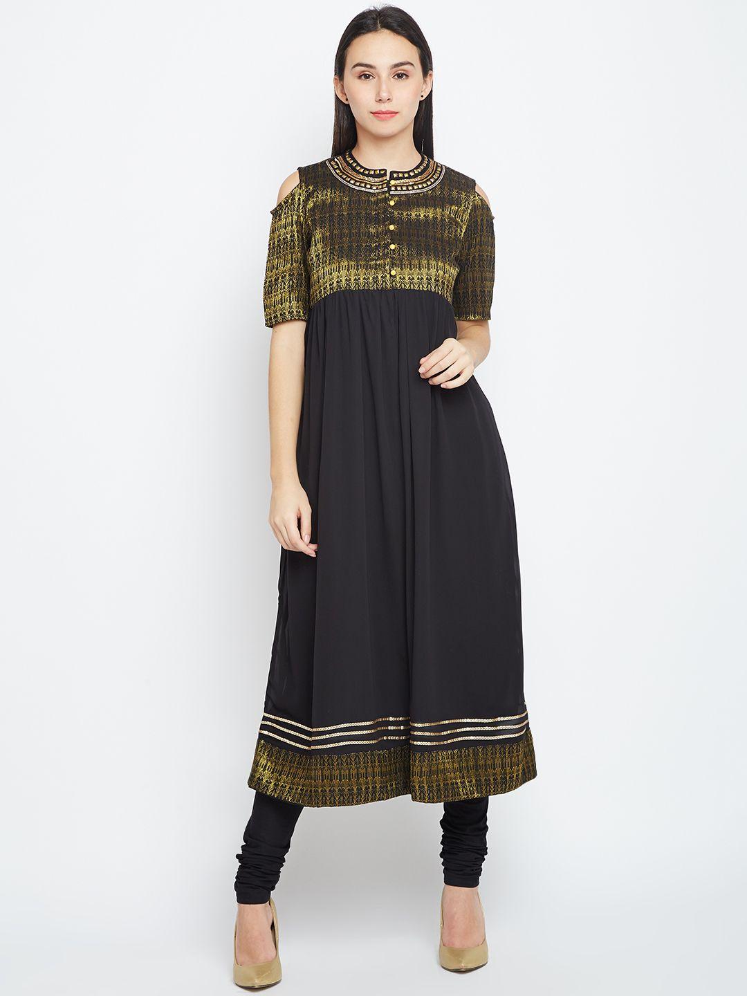 aurelia women black yoke design kurta with churidar