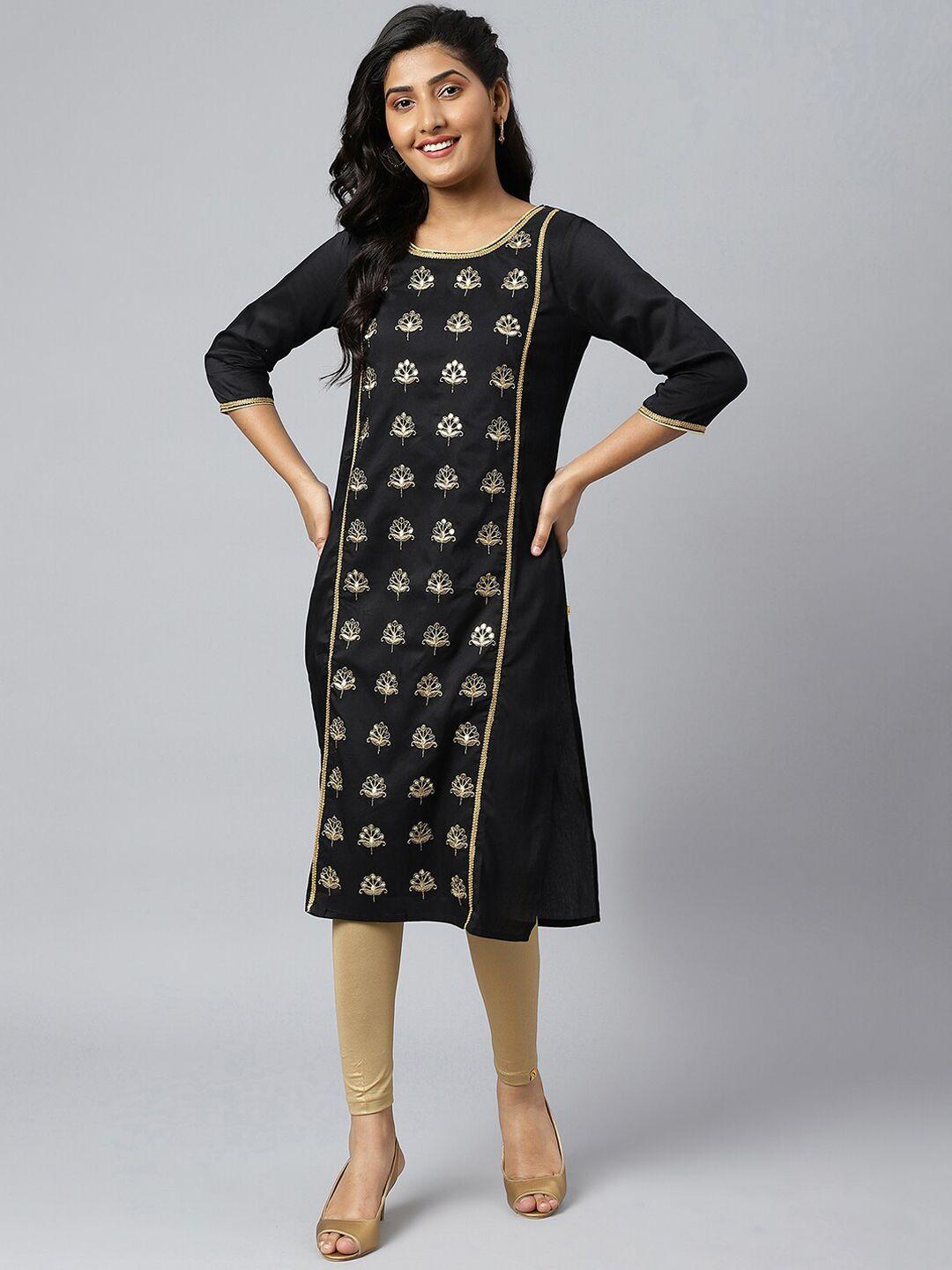 aurelia women black zari embroidered ethnic liva kurta