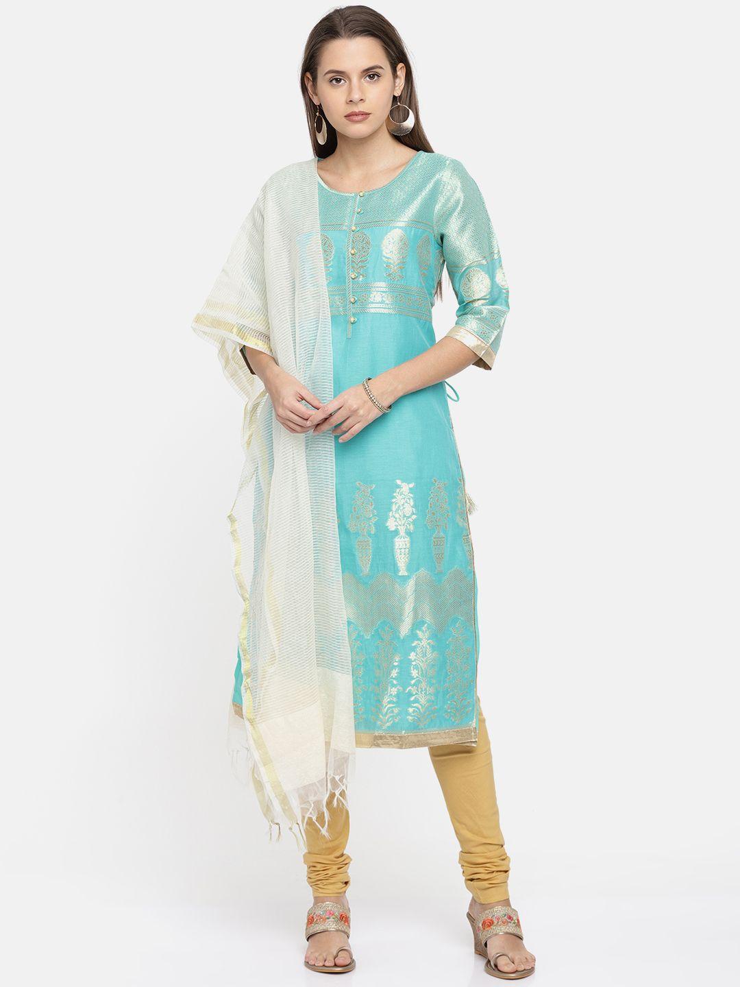 aurelia women blue & beige self design kurta with churidar & dupatta