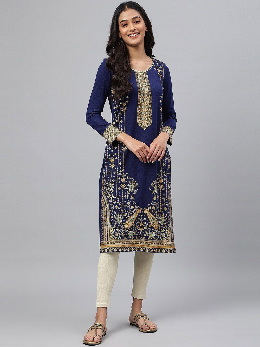 aurelia women blue & gold ethnic motifs printed thread work kurta