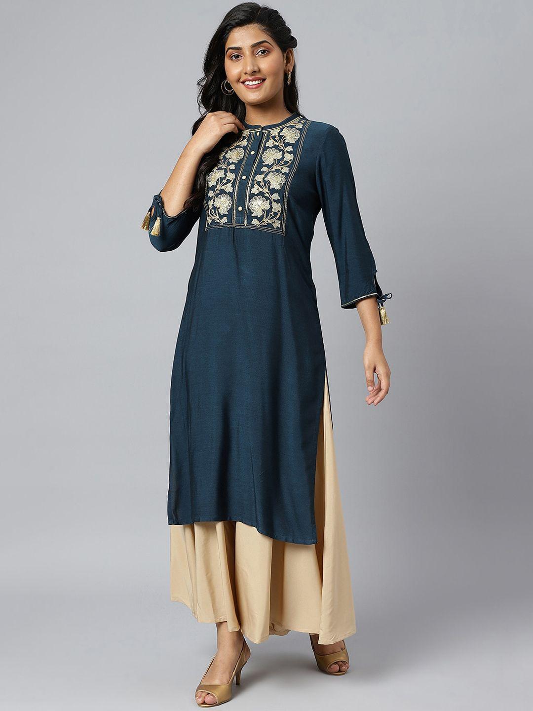 aurelia women blue & gold-toned yoke design thread work kurta