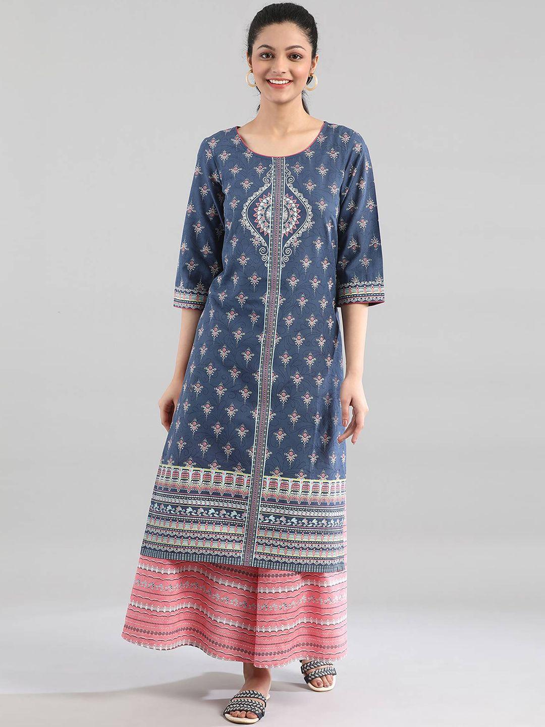 aurelia women blue & off white ethnic motifs printed kurta
