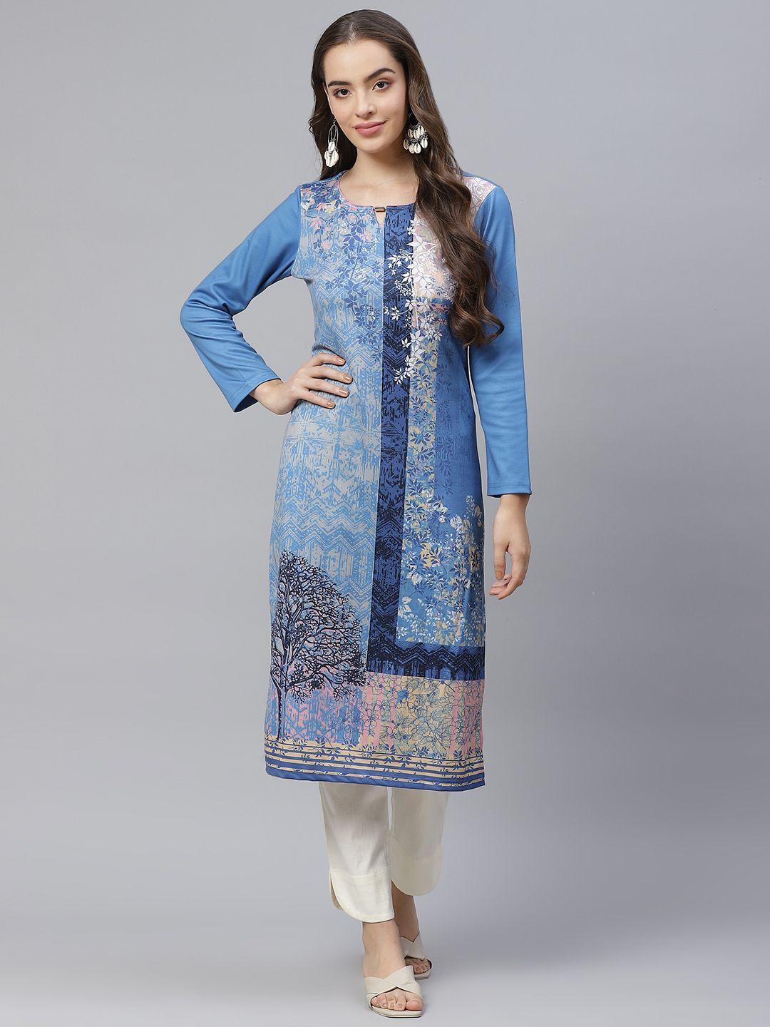 aurelia women blue & off white floral printed keyhole neck kurta