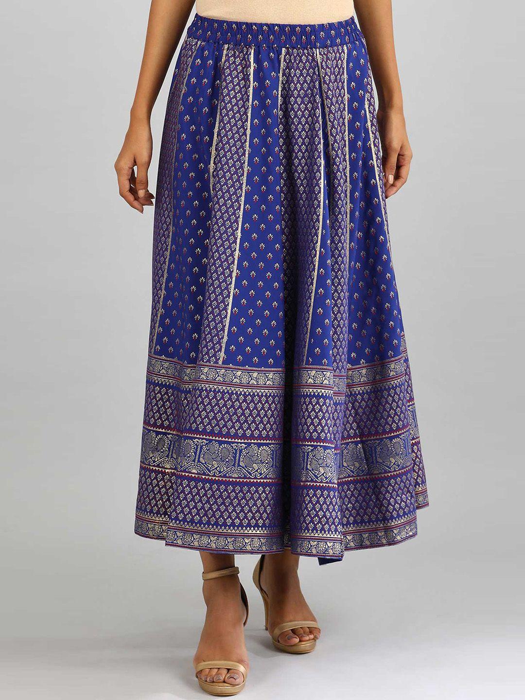 aurelia women blue & off-white printed flared maxi skirt