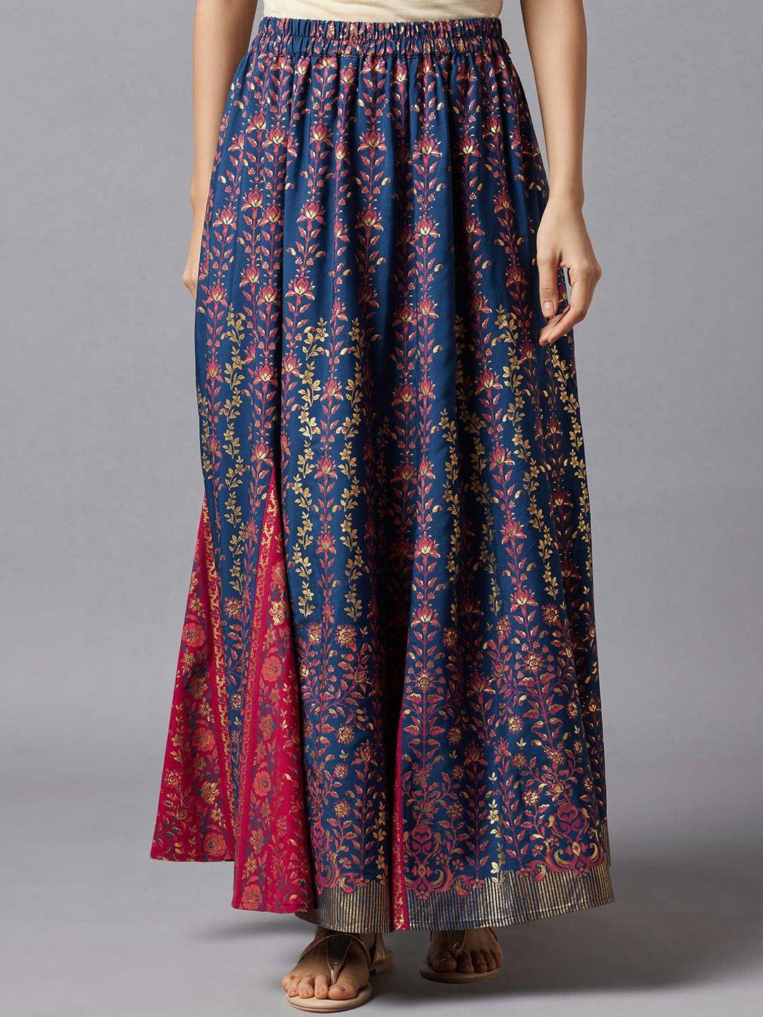 aurelia women blue & red floral printed flared maxi skirt