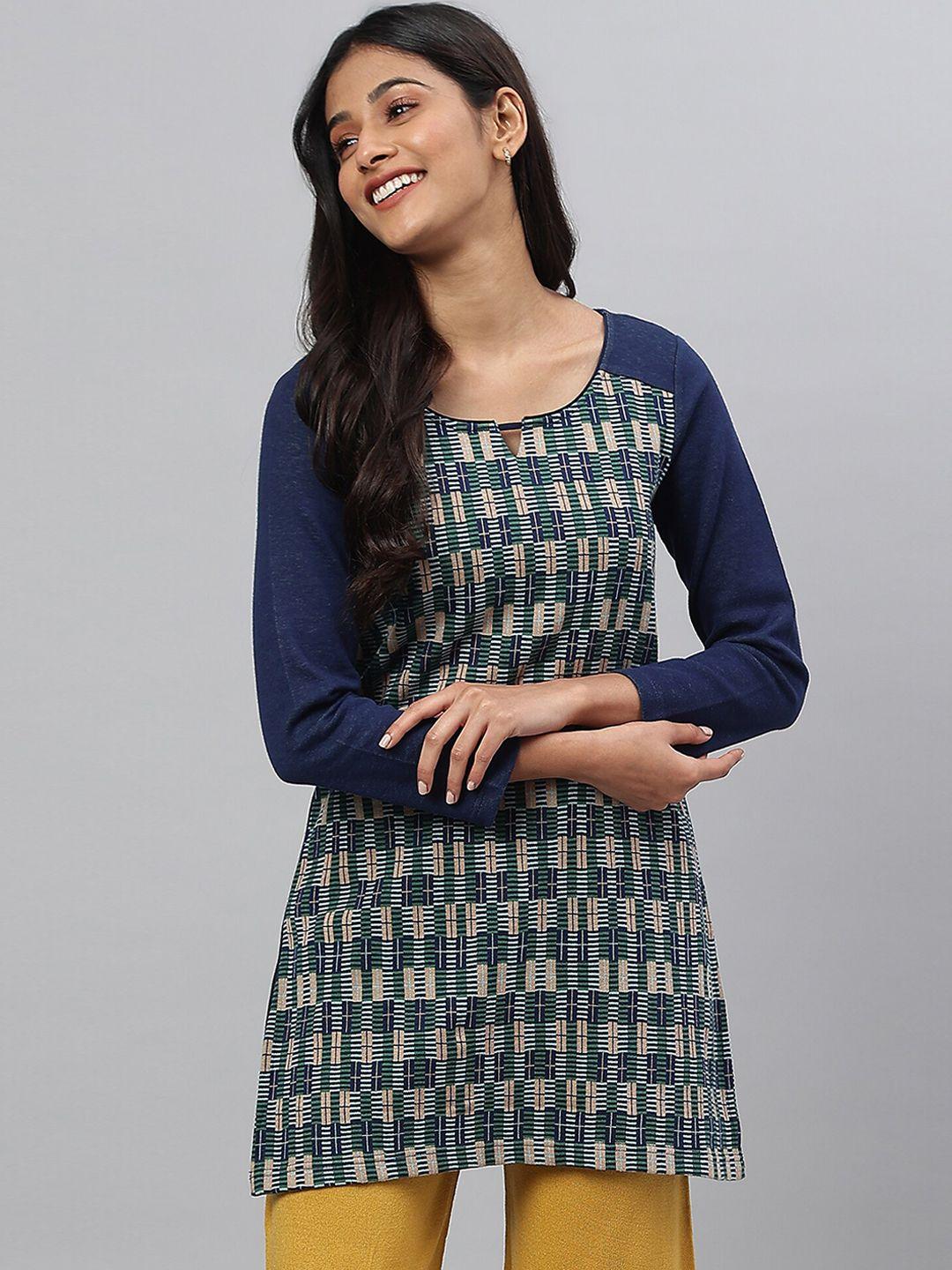 aurelia women blue & white checked kurta