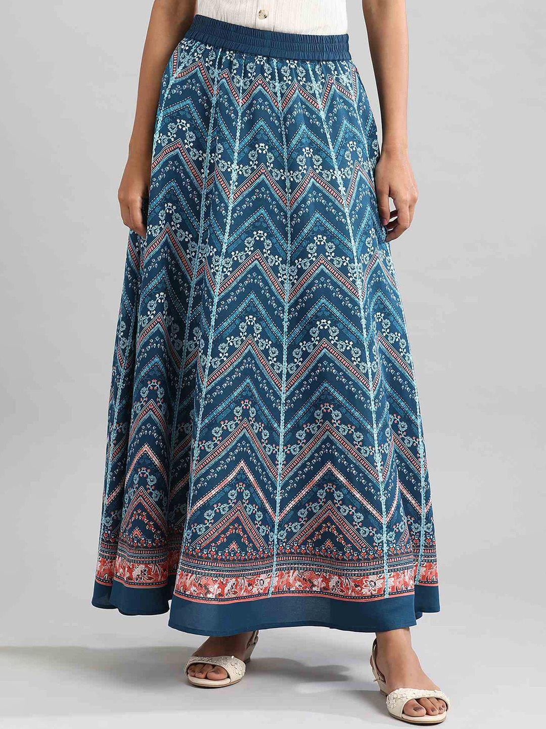 aurelia women blue & white printed maxi length flared skirt