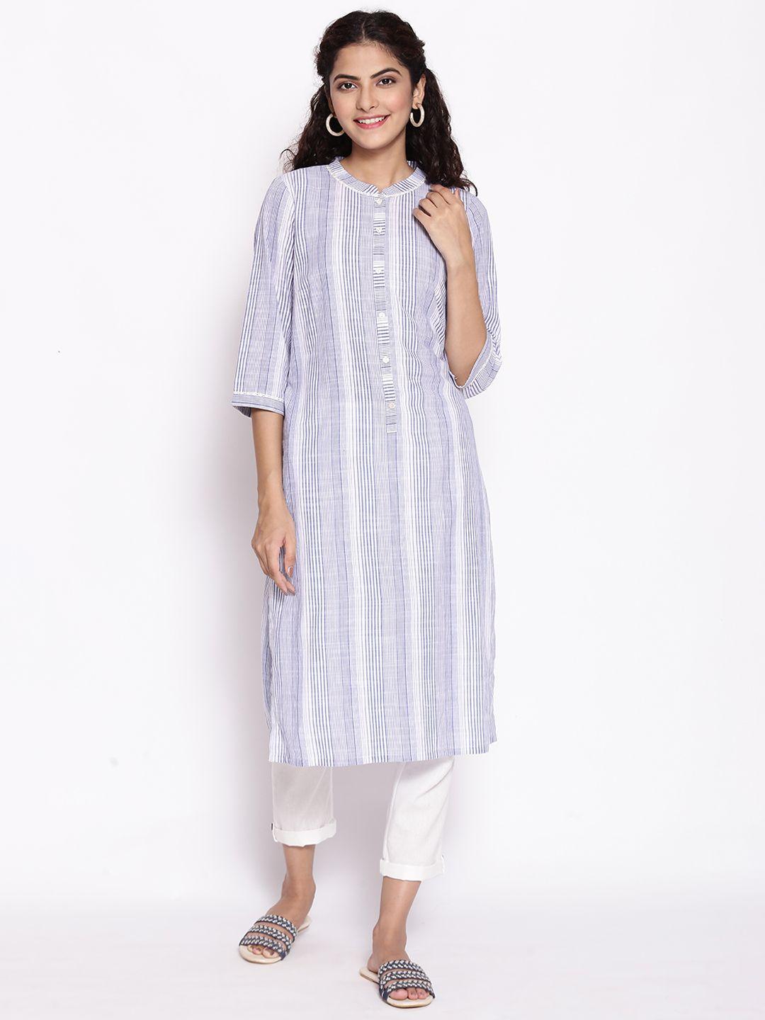 aurelia women blue & white striped kurta